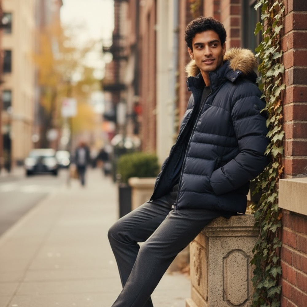 Men's dark blue Puffer Jacket with Fur Hood